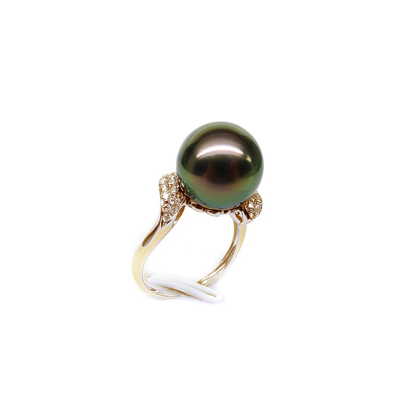 Anello Standing - Oro Giallo, Diamanti e Perla di Tahiti - 1