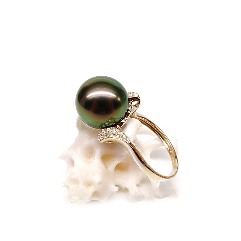 Anello Standing - Oro Giallo, Diamanti e Perla di Tahiti - 2