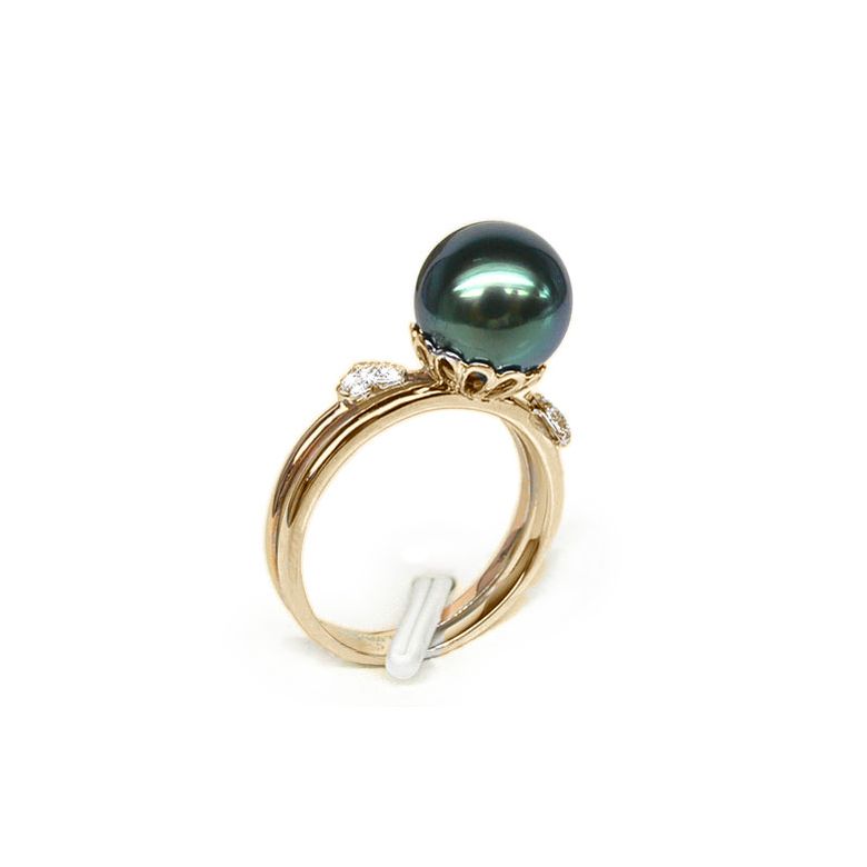 Anello oro giallo e rosa - Perla di Tahiti nera, pavone - 9.5/10mm - 1