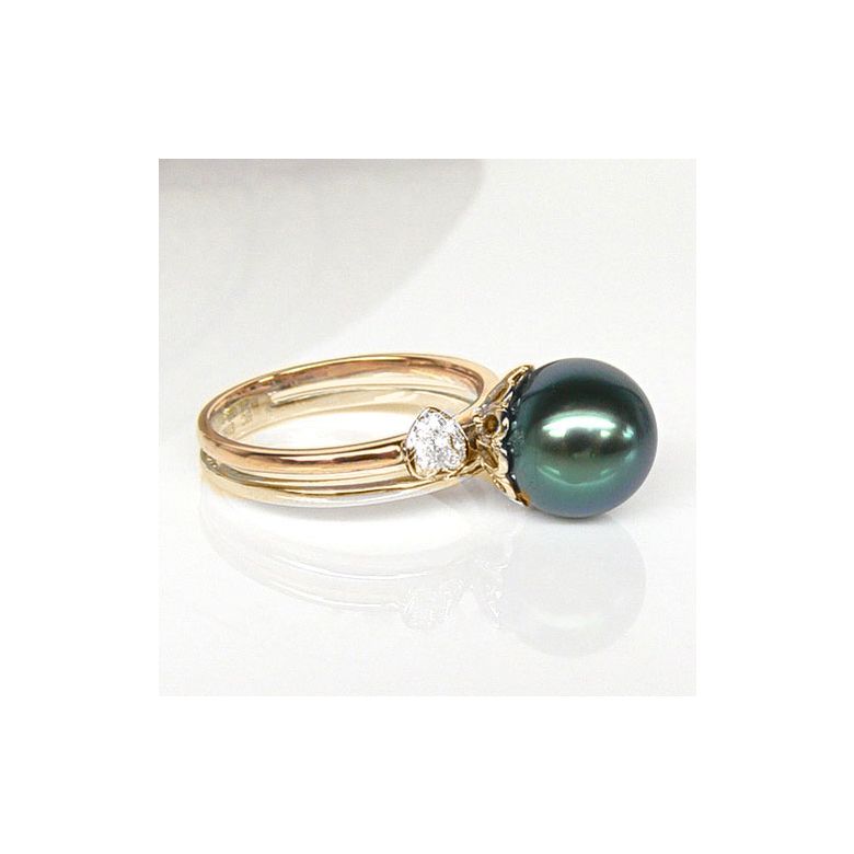 Anello oro giallo e rosa - Perla di Tahiti nera, pavone - 9.5/10mm - 2