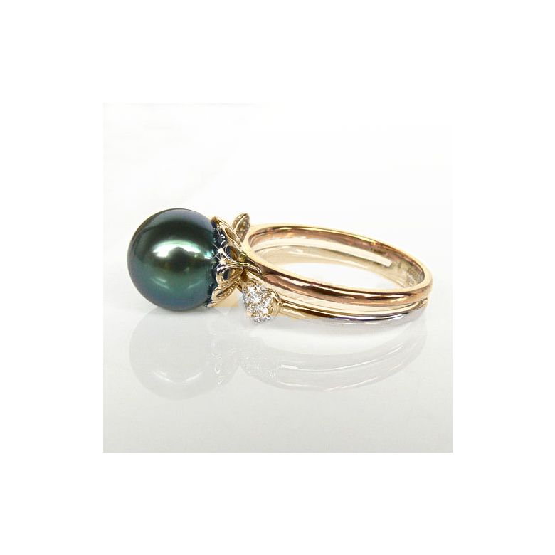 Anello oro giallo e rosa - Perla di Tahiti nera, pavone - 9.5/10mm - 3