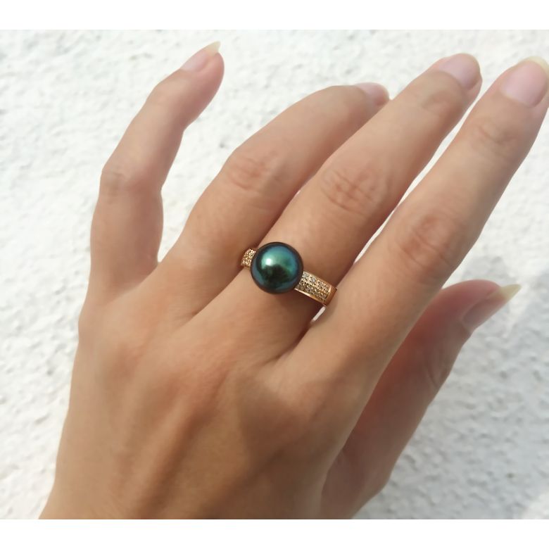Anello Classico - Oro Rosa, Diamanti e Perla di Tahiti - 5