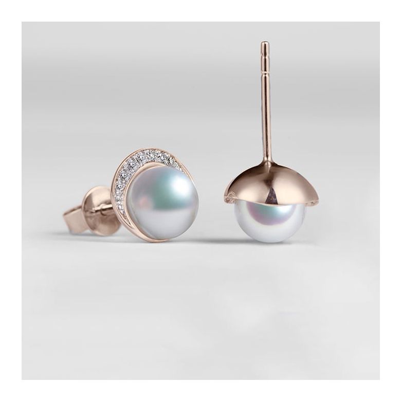 Orecchini Hinata - Perle Akoya su Corona in Oro Rosa e Diamanti - 2