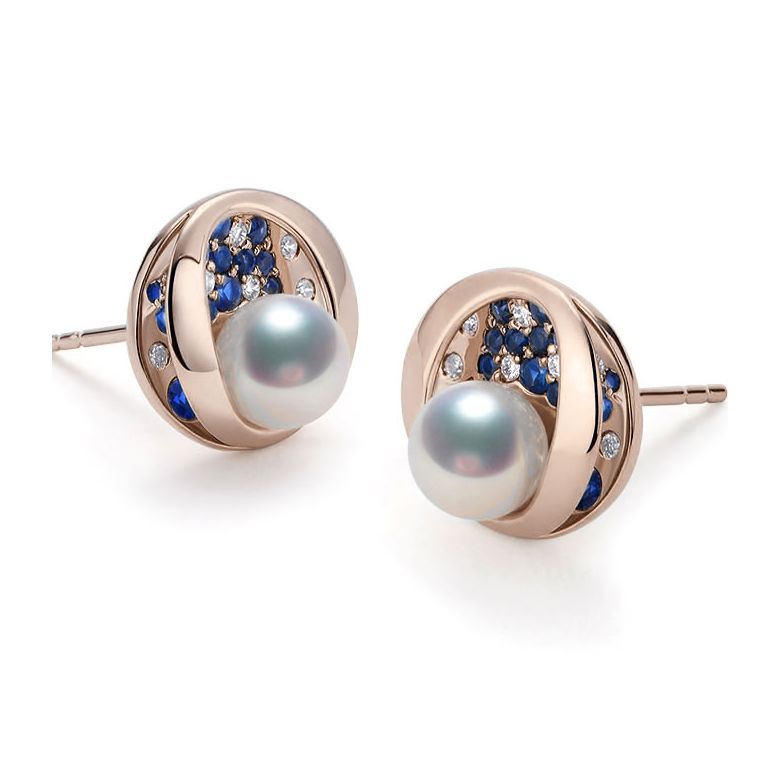 Orecchini di Perle Akoya Seiza - Diamanti, Zaffiri & Oro Rosa - 3