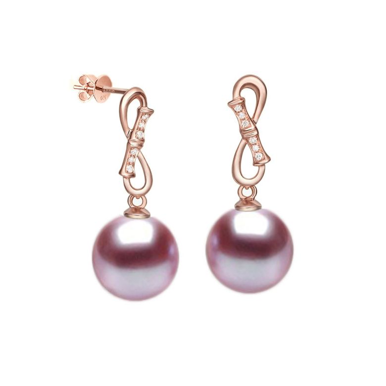 Orecchini Bamboo Oro Rosa 18kt, Perla di Acqua Dolce Lavanda 9/9.5mm - 1