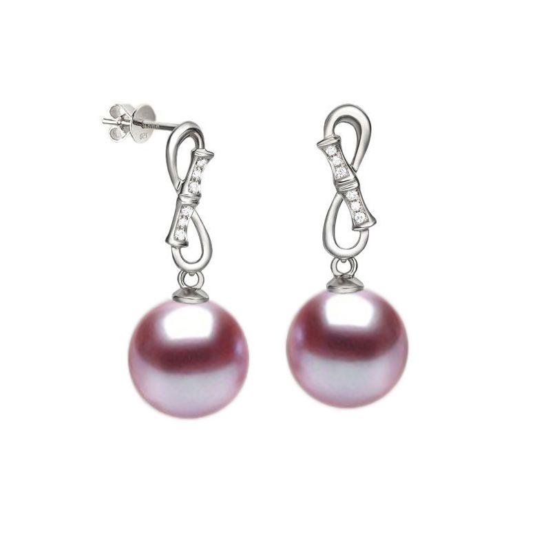 Orecchini Bamboo Oro Bianco 18kt, Perla di Acqua Dolce Lavanda 9/9.5mm - 1