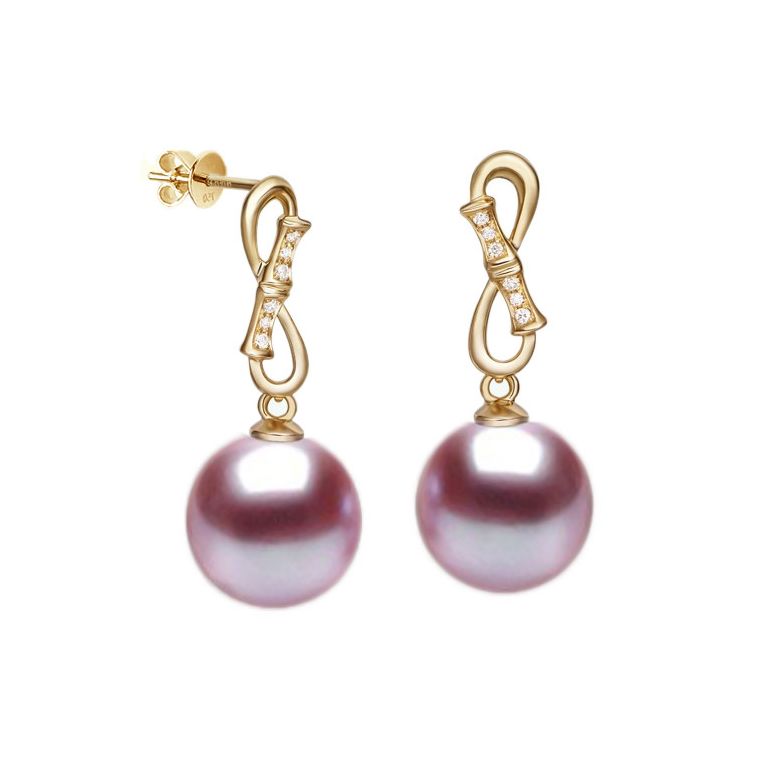 Orecchini Bamboo Oro Giallo 18kt, Perla di Acqua Dolce Lavanda 9/9.5mm - 1