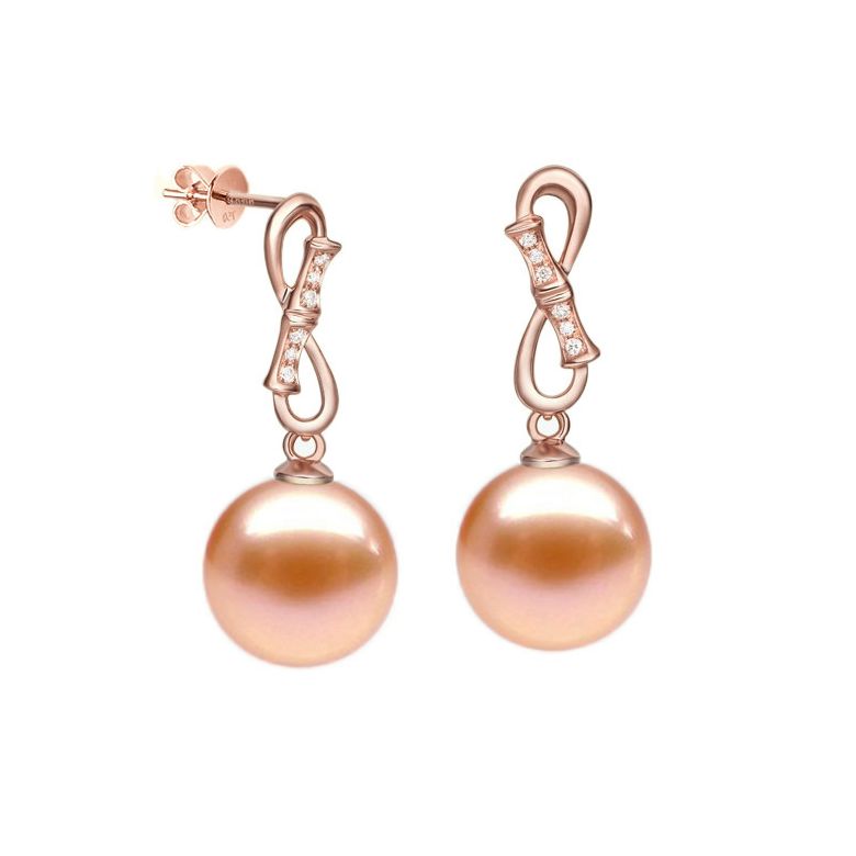 Orecchini Bamboo Oro Rosa 18kt, Perla di Acqua Dolce Rosa 9/9.5mm - 1