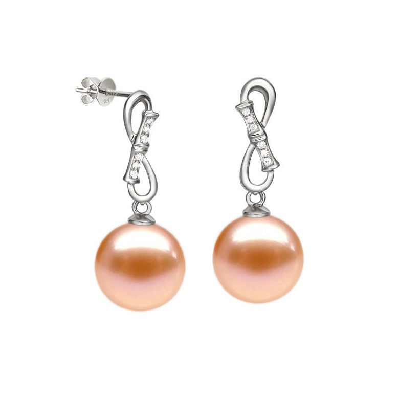 Orecchini Bamboo Oro Bianco 18kt, Perla di Acqua Dolce Rosa 9/9.5mm - 1