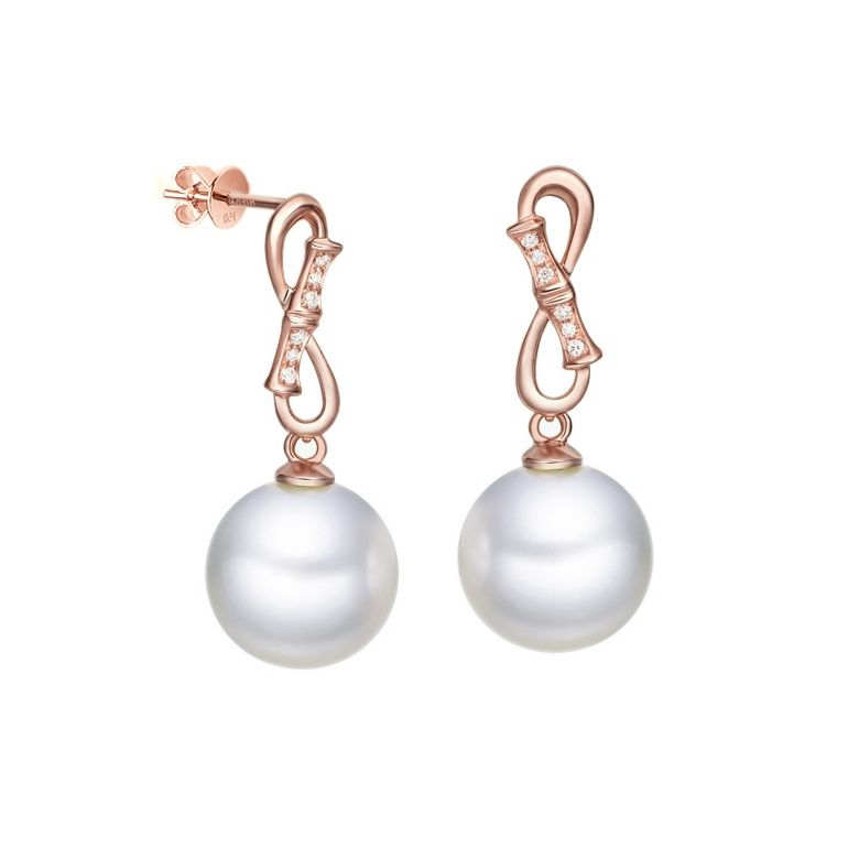 Orecchini Bamboo Oro Rosa 18kt, Perla di Acqua Dolce Bianca 9/9.5mm - 1