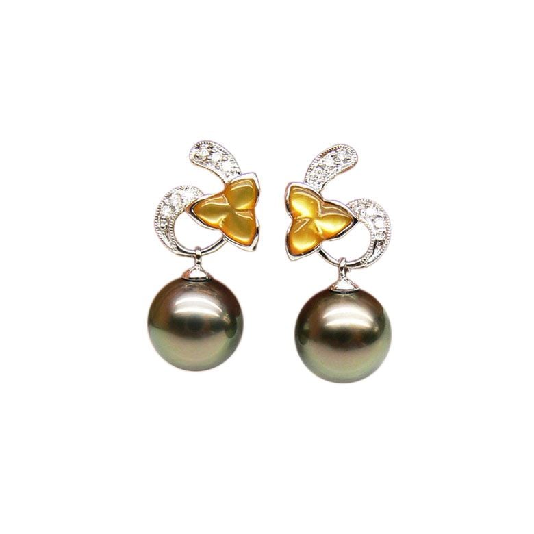 Orecchini nacre doree - Perles de Tahiti - Oro bianco, diamanti  - 1