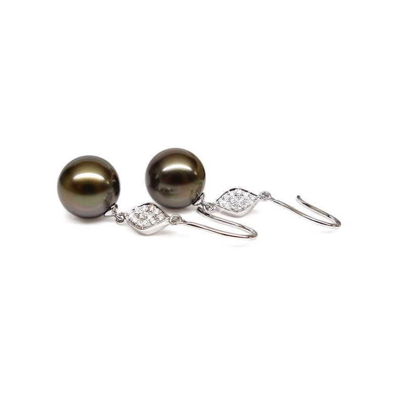 Orecchini Gancio Alphonse - Perle di Tahiti, Diamanti e Oro Bianco - 1