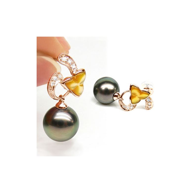 Orecchini madreperla dorata - Perle di Tahiti - Oro rosa, diamanti - 2