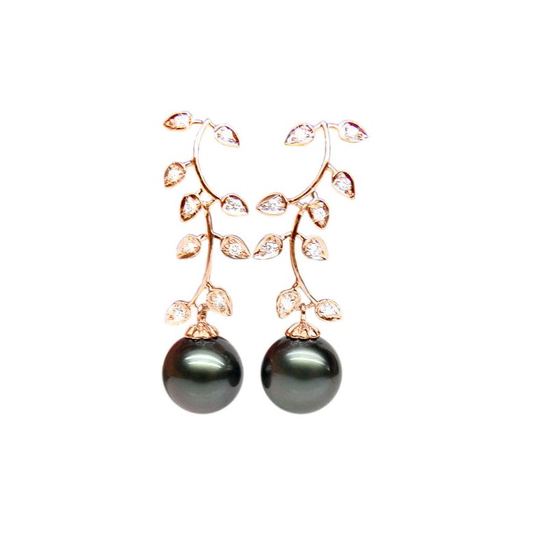 Orecchini Pendenti Ibiza - Perle di Tahiti Nere, Diamanti, Oro Rosa - 1