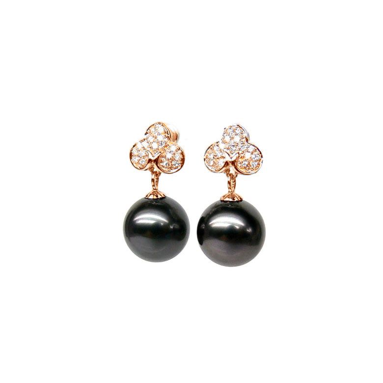 Orecchini Pendenti Trifoglio - Perle di Tahiti, Diamanti, Oro Rosa - 1