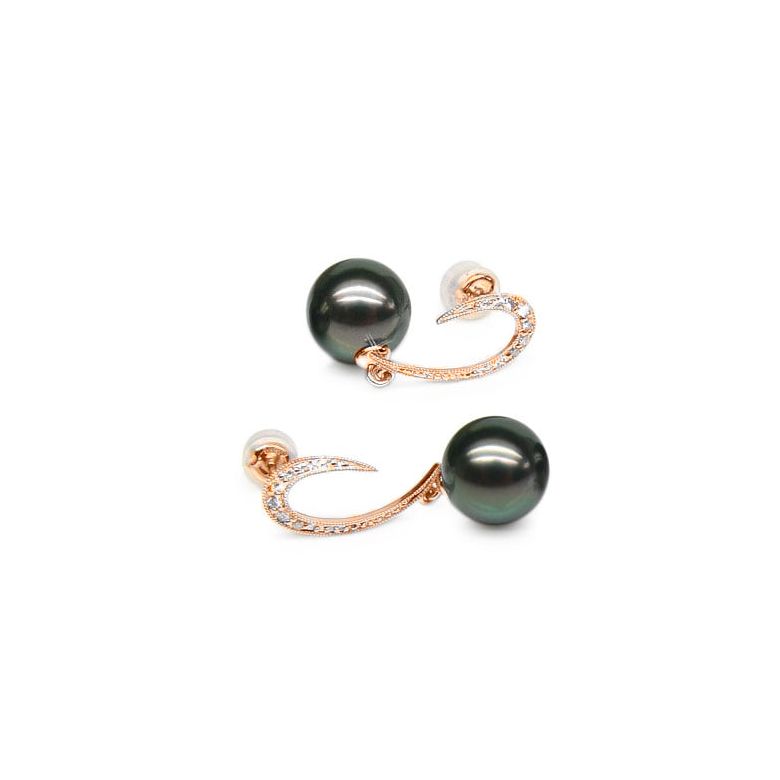 Orecchini Pendenti Hortense - Perle di Tahiti Nere, Oro Rosa - 1