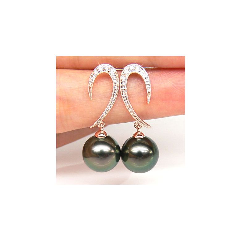 Orecchini Pendenti Hortense - Perle di Tahiti Nere, Oro Rosa - 2