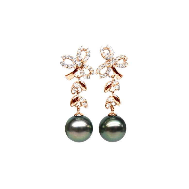 Orecchini Pendenti Florale - Perle di Tahiti Nere, Diamanti, Oro Rosa - 1