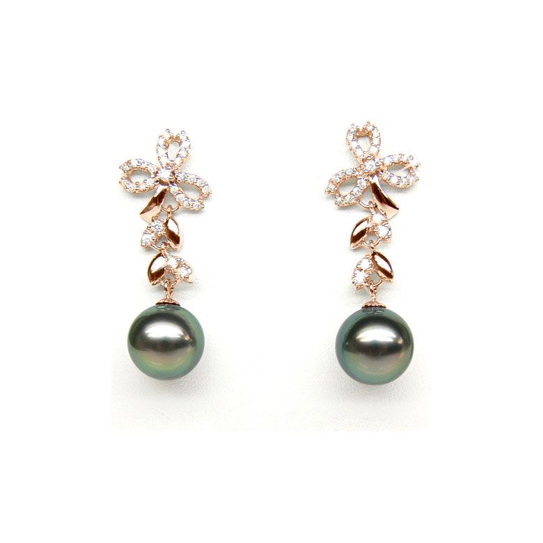 Orecchini Pendenti Florale - Perle di Tahiti Nere, Diamanti, Oro Rosa - 2