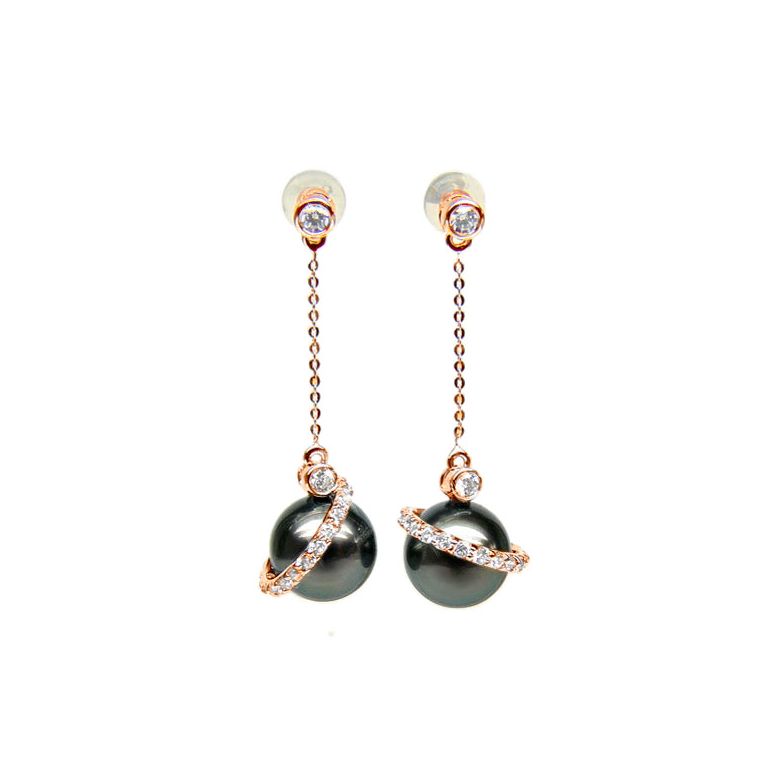 Orecchini Catenella Hispagnola - Perle di Tahiti Nere, Oro Rosa - 1