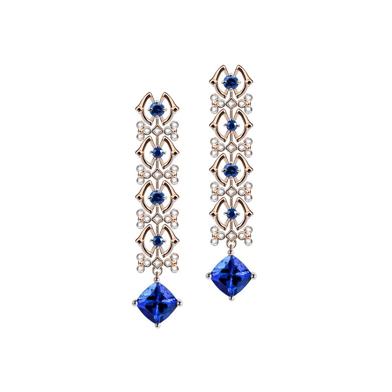 Orecchino zaffiro bleu, diamante - Oro rosa - 1