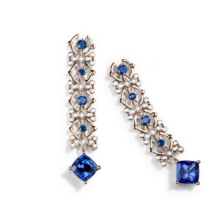 Orecchino zaffiro bleu, diamante - Oro rosa - 2