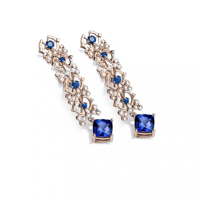 Orecchino zaffiro bleu, diamante - Oro rosa - 3