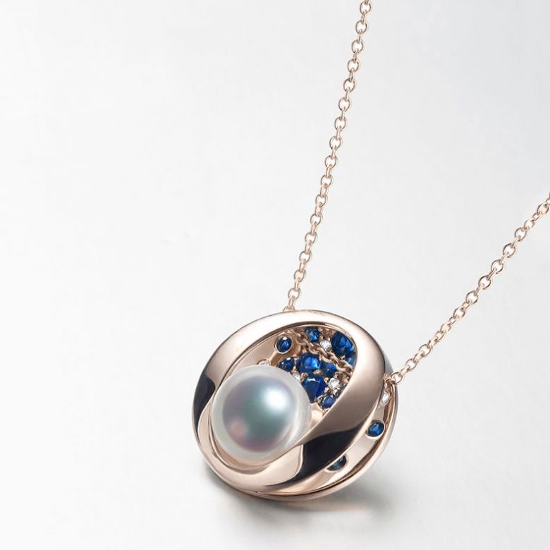 Ciondolo Seiza - Oro Rosa 18kt, Zaffiri e Perla Akoya - 2