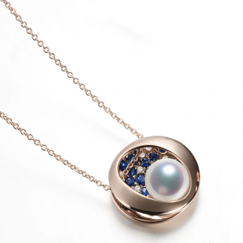 Ciondolo Seiza - Oro Rosa 18kt, Zaffiri e Perla Akoya - 3