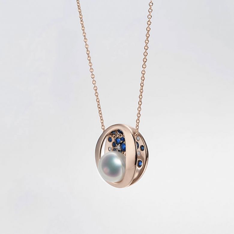 Ciondolo Seiza - Oro Rosa 18kt, Zaffiri e Perla Akoya - 5
