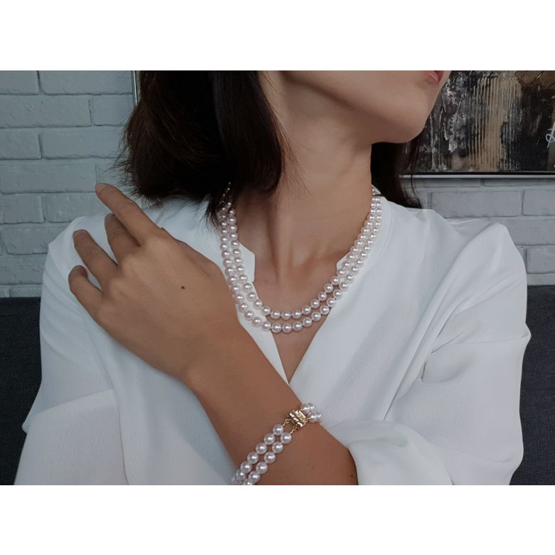 Collana Suki - Due Fili di Perle Akoya Bianche - 7/7.5mm AAA oro bianco - 3