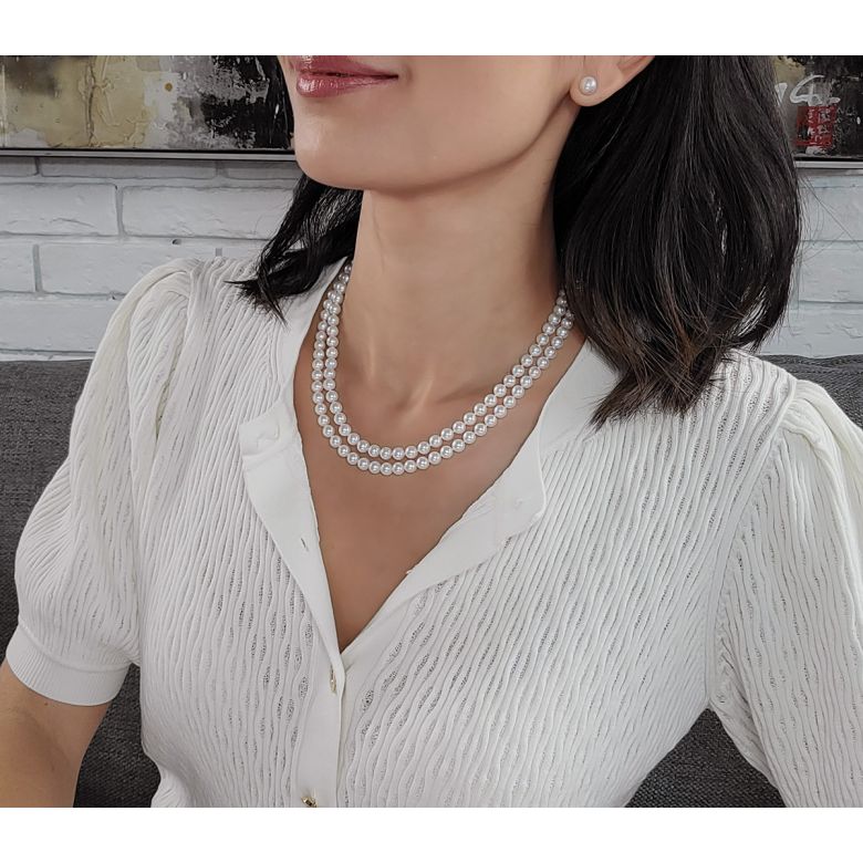 Collana Tamakatsu - Due Fili di Perle Akoya Bianche - 6/6.5mm, AAA oro bianco - 1