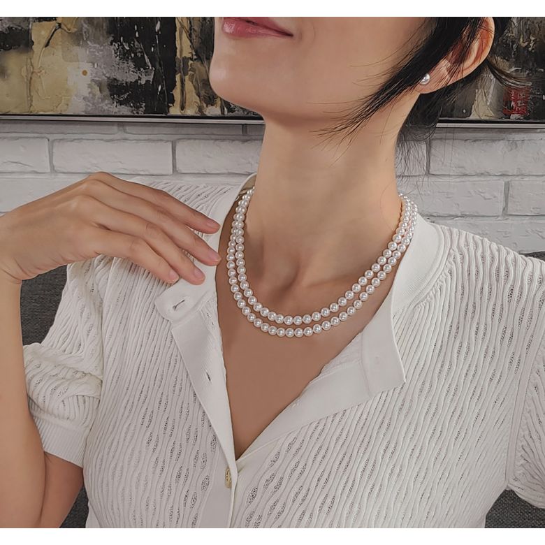 Collana Tamakatsu - Due Fili di Perle Akoya Bianche - 6/6.5mm, AAA oro bianco - 3
