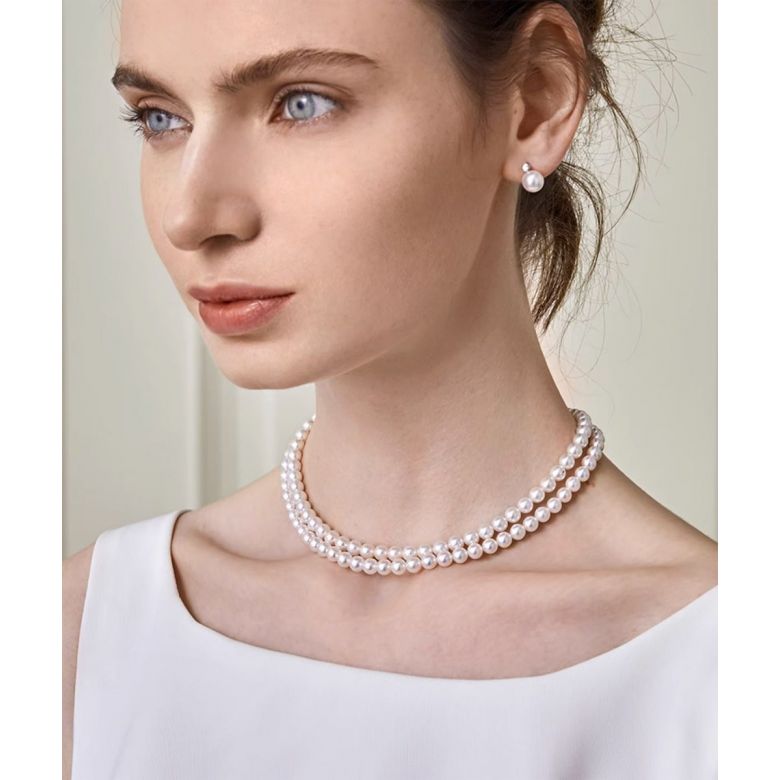 Collana Mutzu - Due Fili di Perle Akoya Bianche - 5.5/6mm, AAA oro bianco - 2