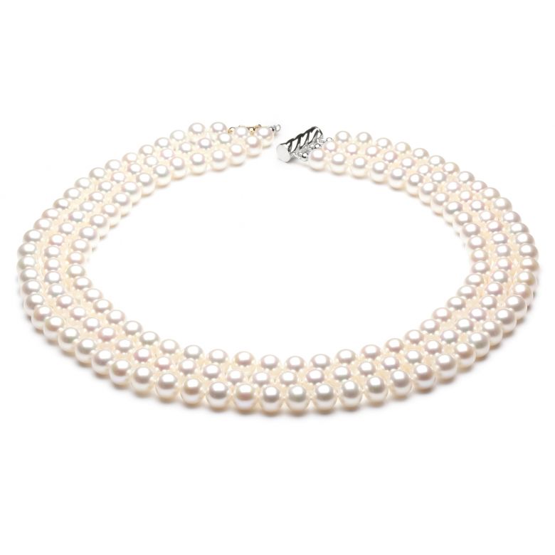 Collana A tre Fili Folies Bergère - Perle d'Acqua Dolce Bianche - 7/7.5mm, AAA oro bianco - 2