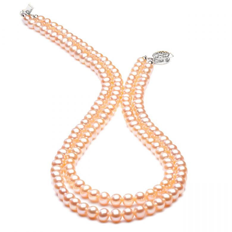 Collana A Due Fili Splendid - Perle d'Acqua Dolce Rosa - 5/5.5mm, AAA oro bianco - 4