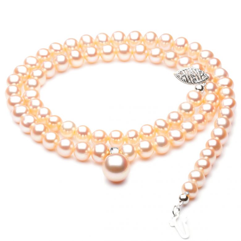 Collana Lirica - Ciondolo Pendente Perla d'Acqua Dolce Rosa - 5/9mm, AAA oro bianco - 2