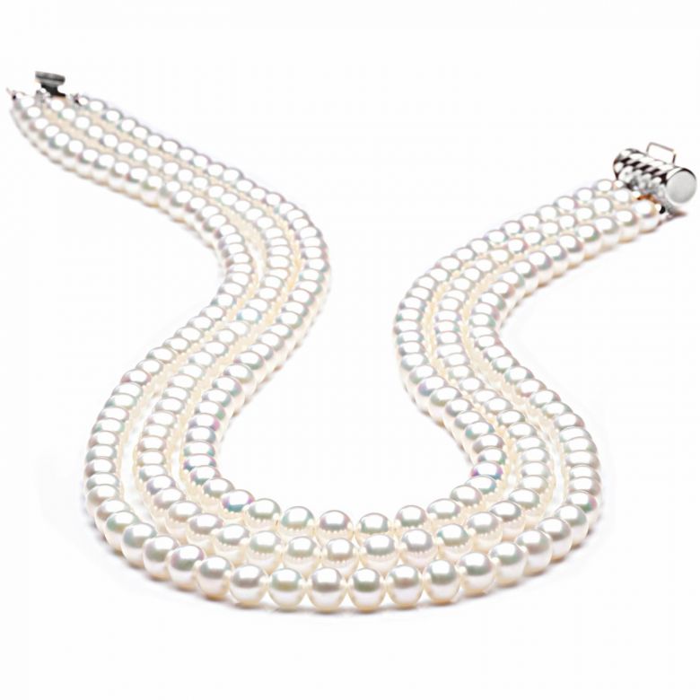 Collana A Tre Fili Chabada - Perle d'Acqua Dolce Bianche - 5/5.5mm, AAA oro bianco - 1