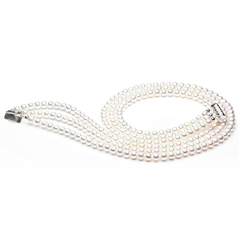 Collana A Tre Fili Chabada - Perle d'Acqua Dolce Bianche - 5/5.5mm, AAA oro bianco - 3