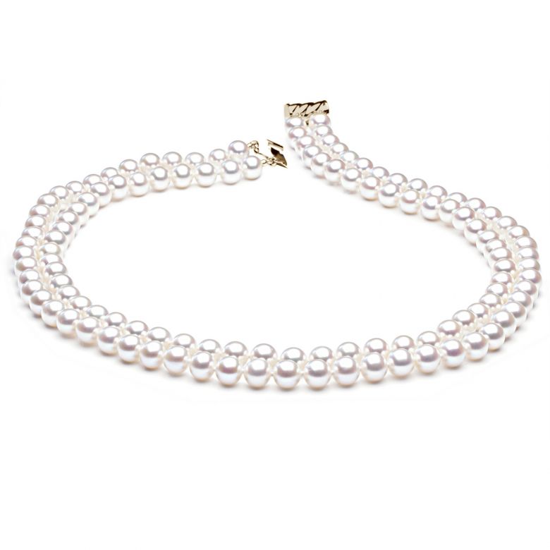 Collana A Due Fili Oceanis - Perle d'Acqua Dolce Bianche - 6.5/7mm, AAA oro giallo - 3