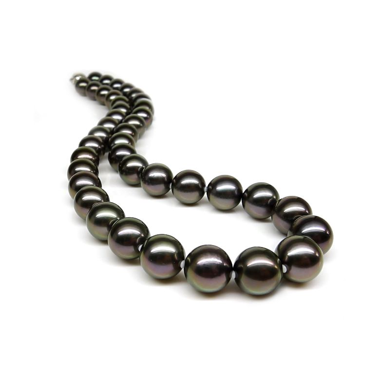 Collana perle di Tahiti nere, pavone, bronzo, verde - 10/12mm - AAA oro giallo - 2