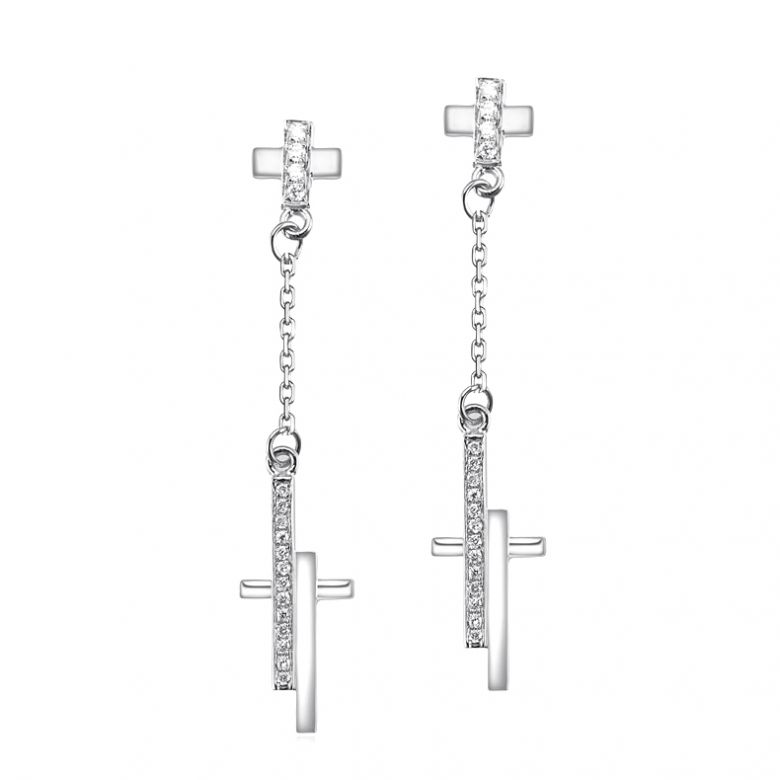 Orecchini Croci Pendenti - Oro Bianco & Diamanti - 1