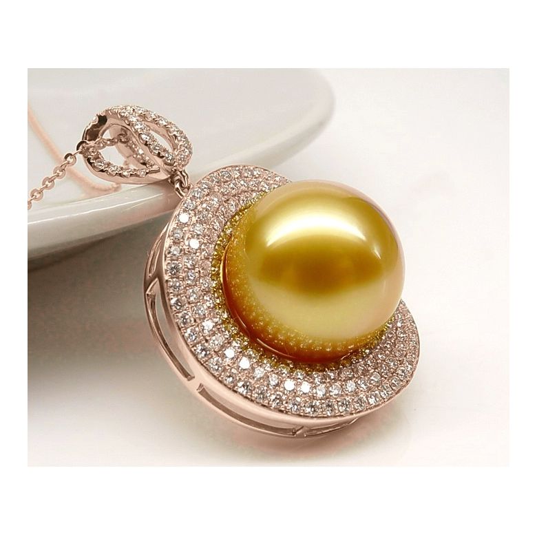 Ciondolo altissima gioielleria. Oro rosa, perla dorata e diamanti - 2