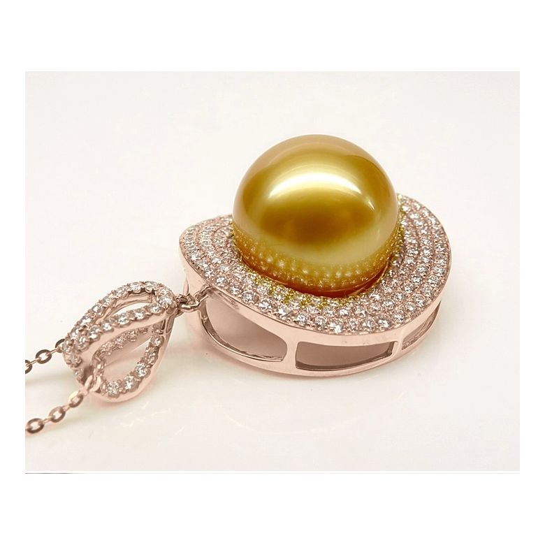 Ciondolo altissima gioielleria. Oro rosa, perla dorata e diamanti - 4