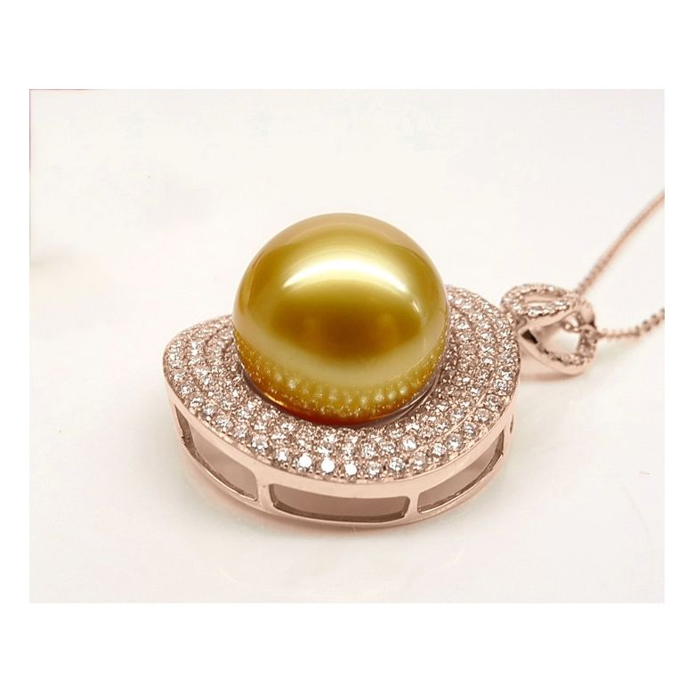 Ciondolo altissima gioielleria. Oro rosa, perla dorata e diamanti - 5