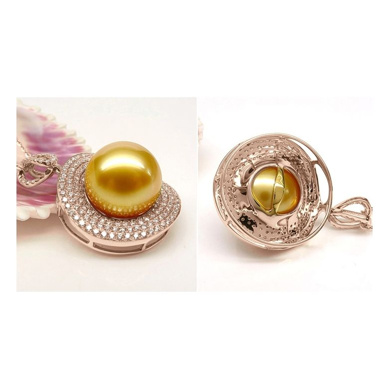 Ciondolo altissima gioielleria. Oro rosa, perla dorata e diamanti - 6