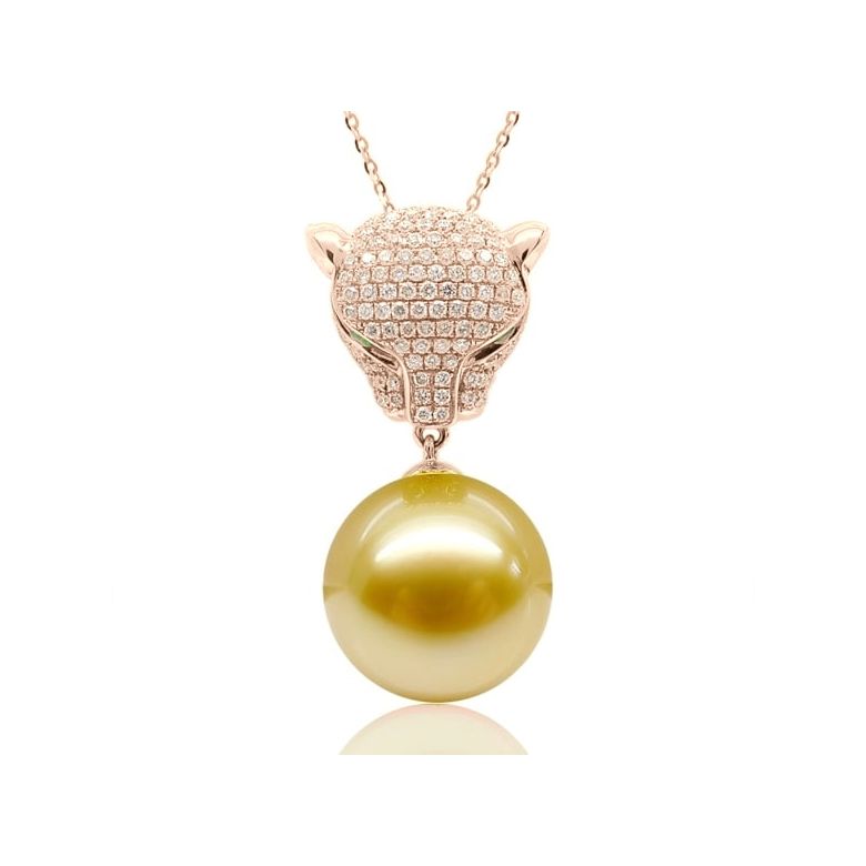 Ciondolo Pantera Perla Australia dorata. Oro rosa e Diamanti - 1