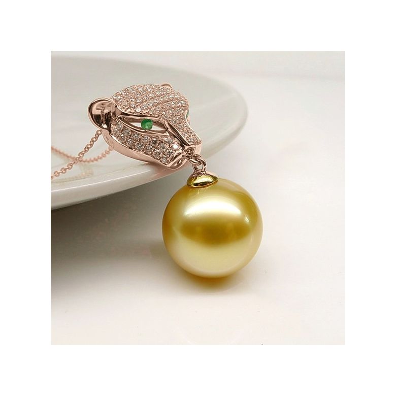Ciondolo Pantera Perla Australia dorata. Oro rosa e Diamanti - 2