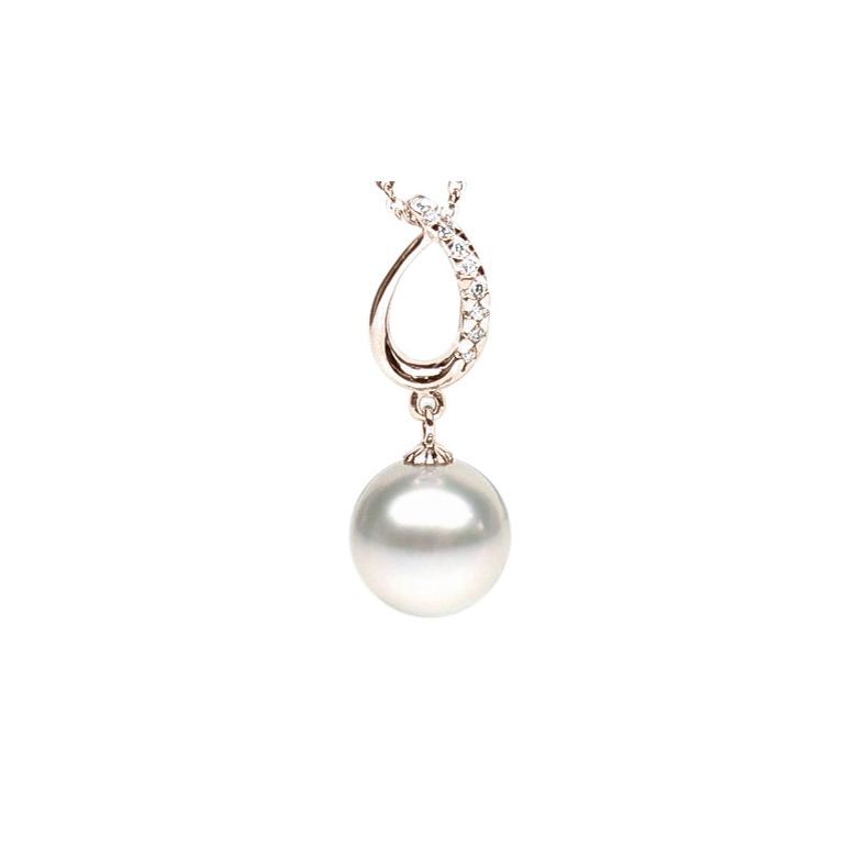 Ciondolo oro rosa, diamanti - Perla d’Australia bianca - 11/12mm - 1