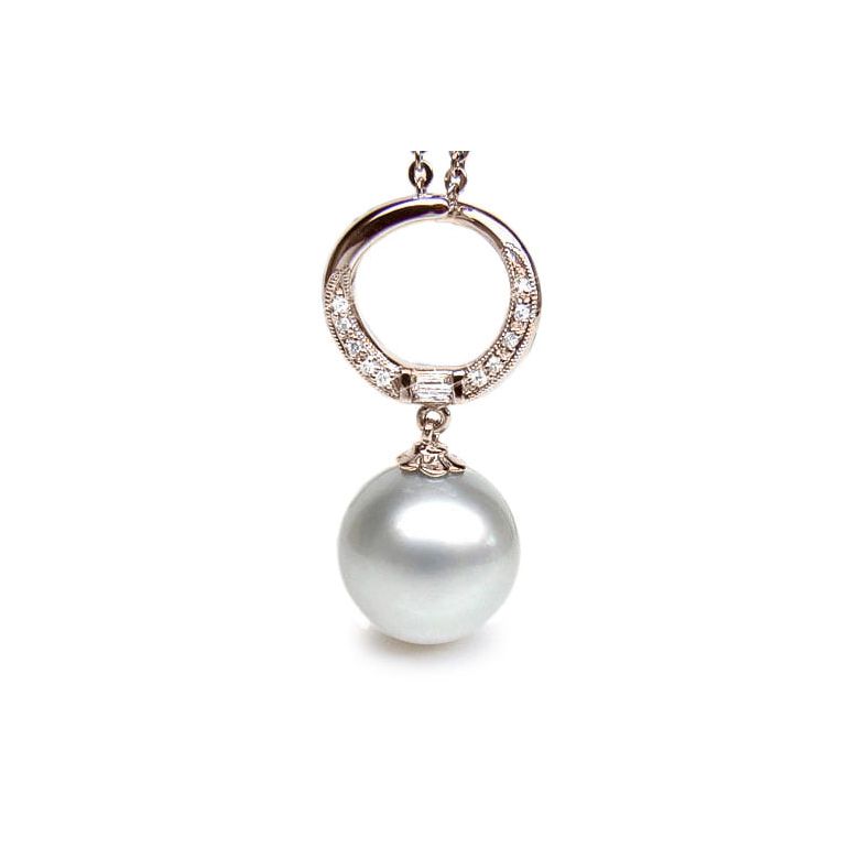 Ciondolo anello oro rosa, diamanti - Perla d’Australia bianca - 13/14mm - 1